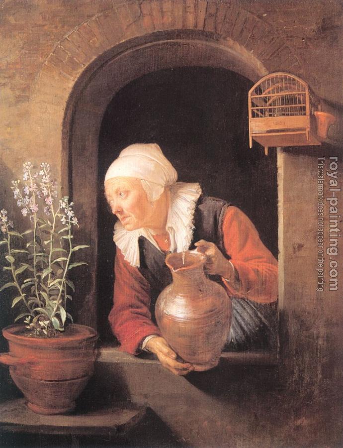 Gerrit Dou : Old Woman with Jug at a Window